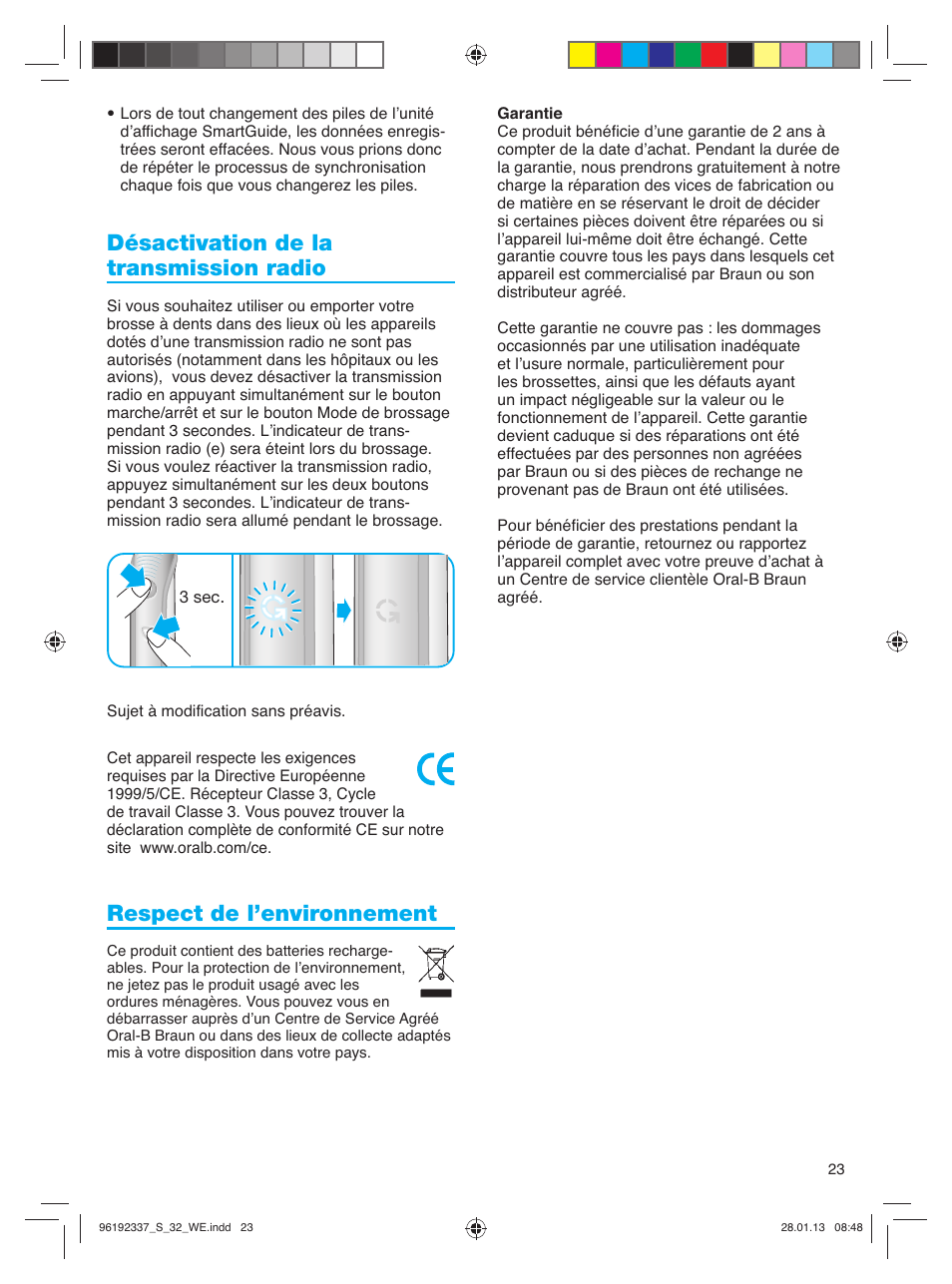 Désactivation de la transmission radio, Respect de l’environnement | Oral-B Pulsonic Smart Series S 32.533.5 User Manual | Page 23 / 80