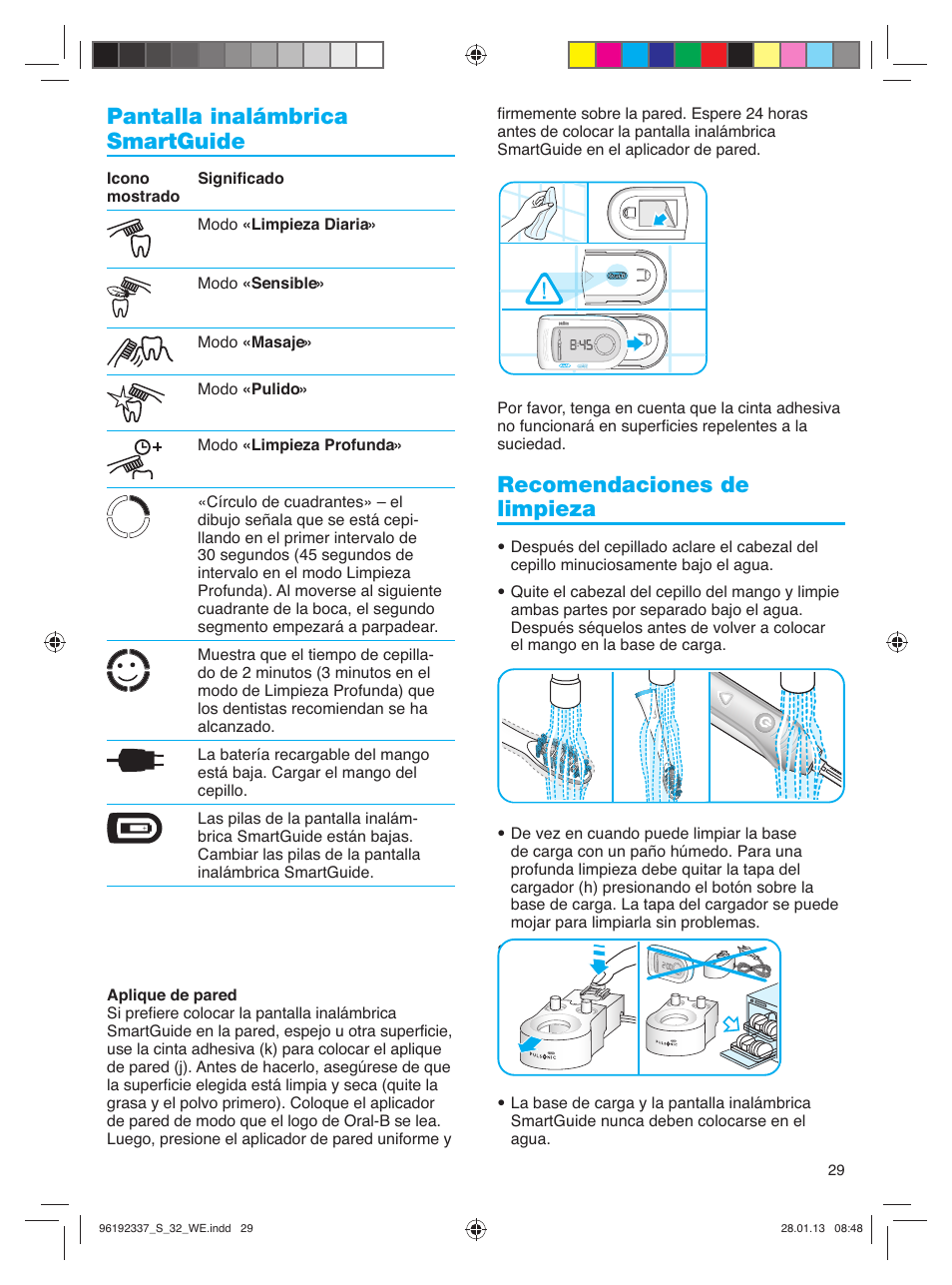 Pantalla inalámbrica smartguide, Recomendaciones de limpieza | Oral-B Pulsonic Smart Series S 32.533.5 User Manual | Page 29 / 80