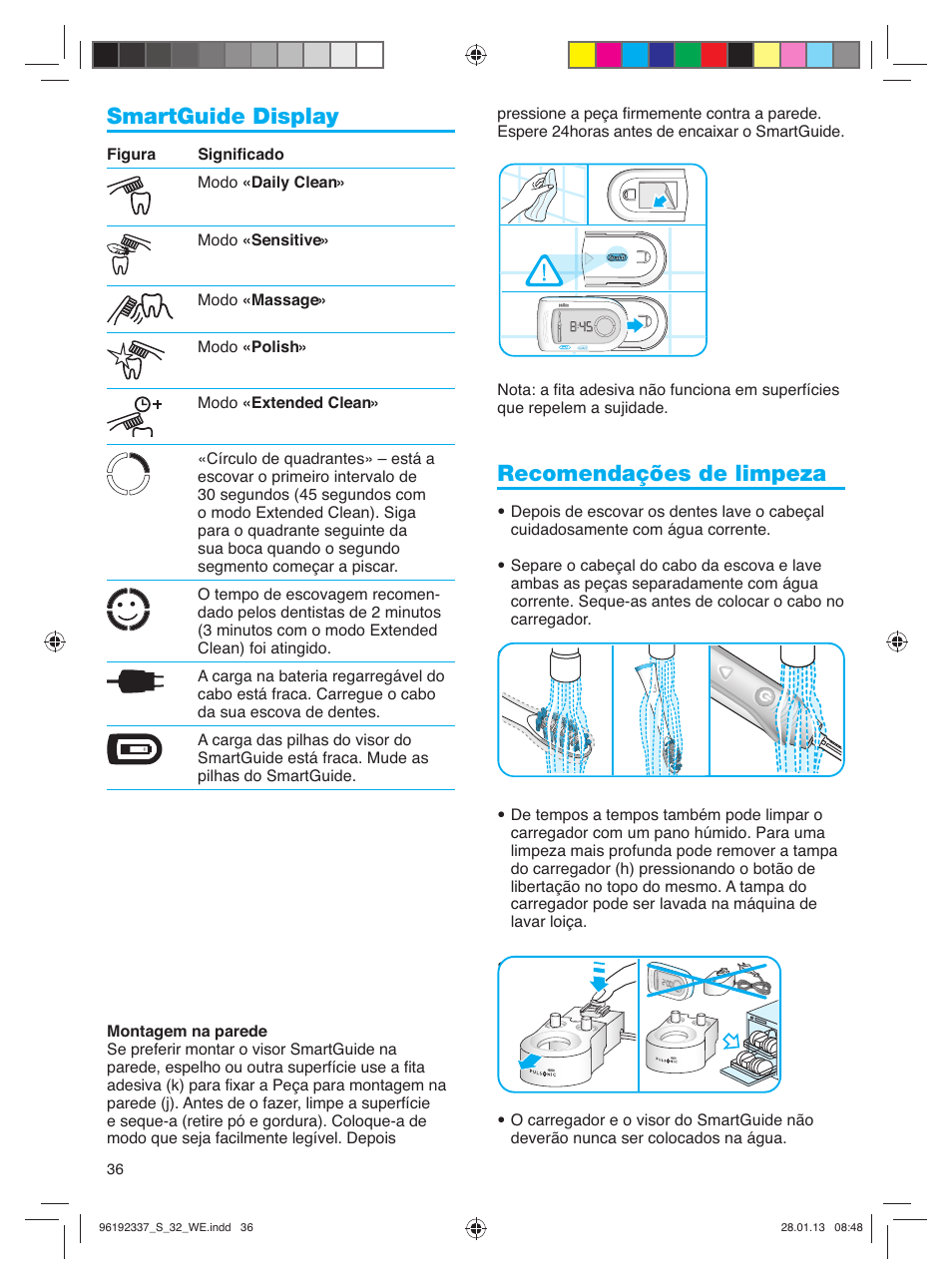Smartguide display, Recomendações de limpeza | Oral-B Pulsonic Smart Series S 32.533.5 User Manual | Page 36 / 80