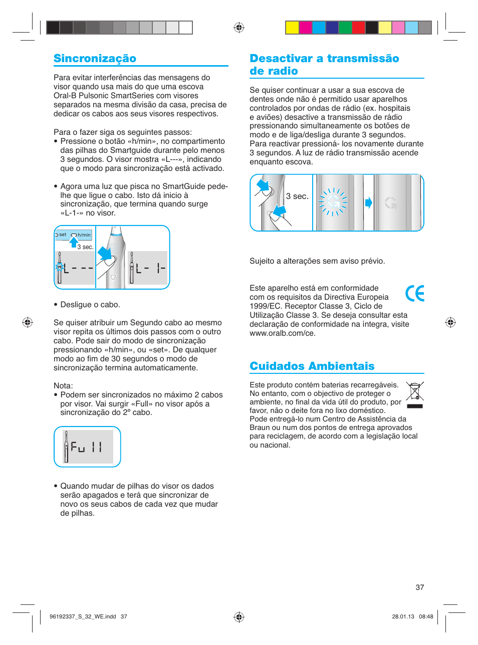 Sincronização, Desactivar a transmissão de radio, Cuidados ambientais | Oral-B Pulsonic Smart Series S 32.533.5 User Manual | Page 37 / 80