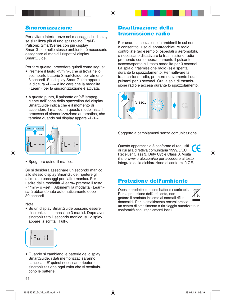 Sincronizzazione, Disattivazione della trasmissione radio, Protezione dell’ambiente | Oral-B Pulsonic Smart Series S 32.533.5 User Manual | Page 44 / 80