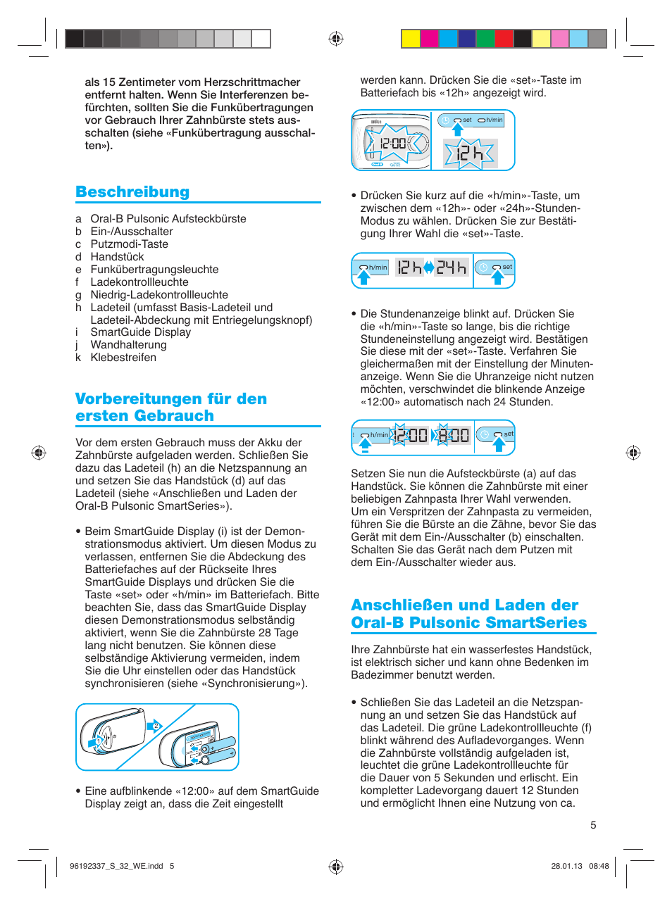 Beschreibung, Vorbereitungen für den ersten gebrauch | Oral-B Pulsonic Smart Series S 32.533.5 User Manual | Page 5 / 80