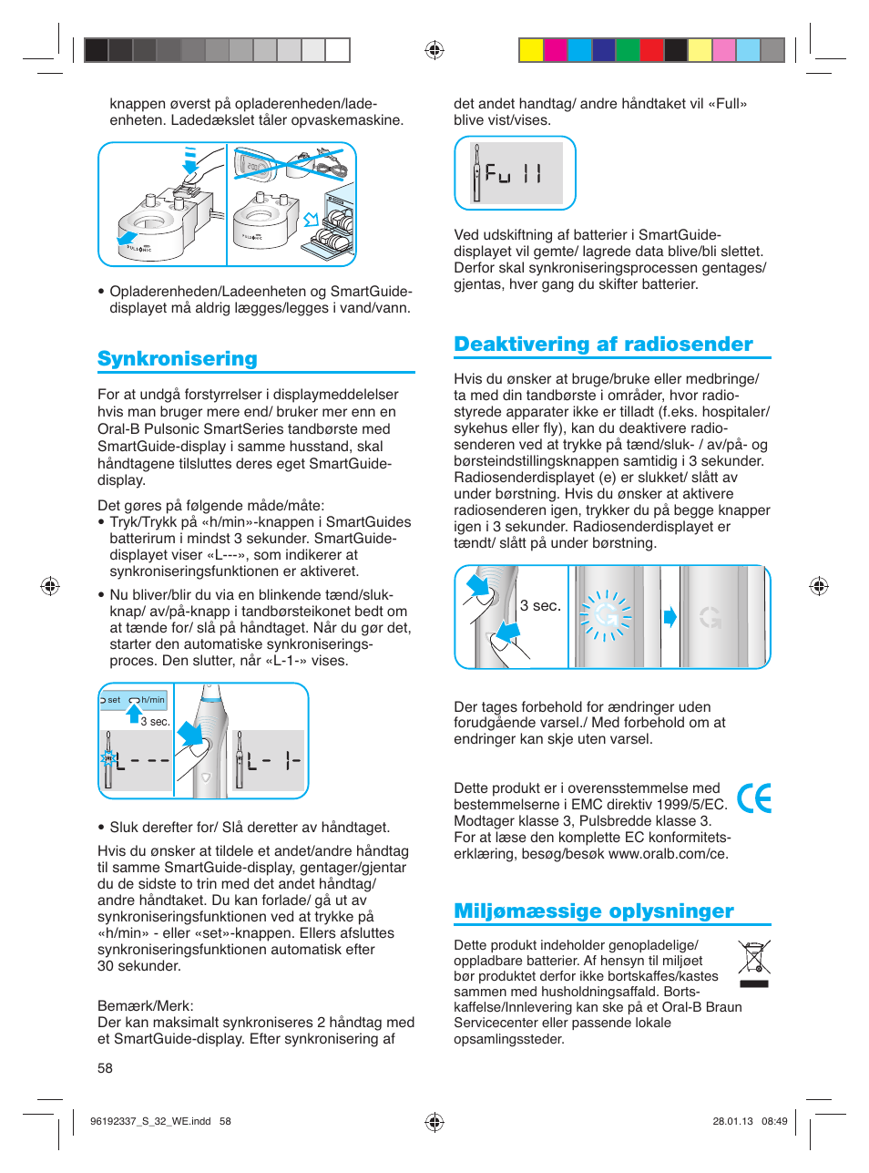 Synkronisering, Deaktivering af radiosender, Miljømæssige oplysninger | Oral-B Pulsonic Smart Series S 32.533.5 User Manual | Page 58 / 80