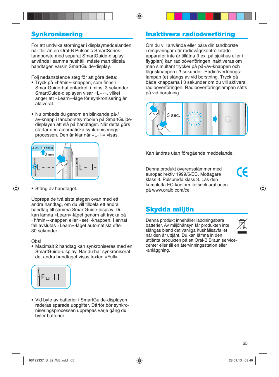 Synkronisering, Inaktivera radioöverföring, Skydda miljön | Oral-B Pulsonic Smart Series S 32.533.5 User Manual | Page 65 / 80