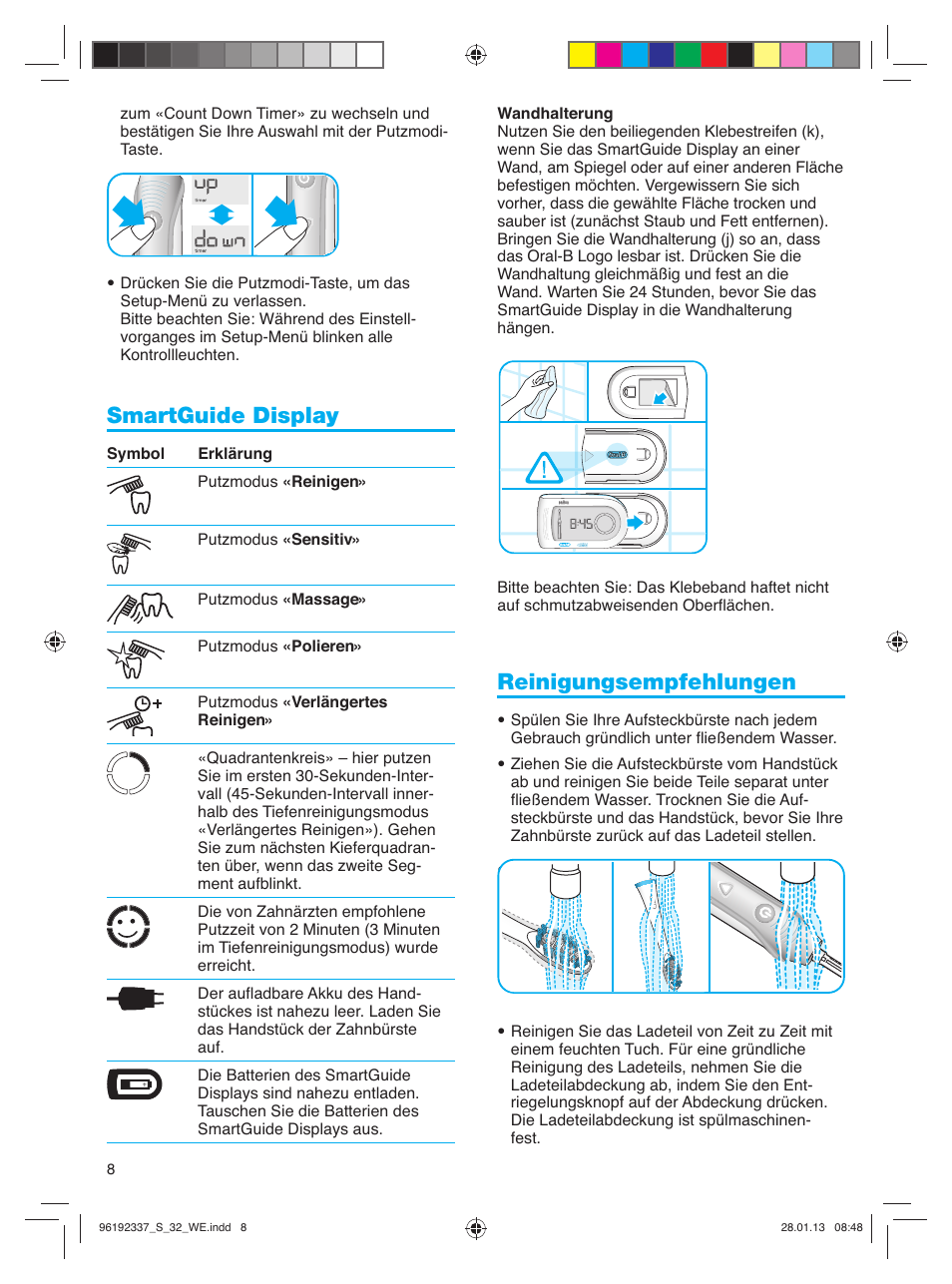 Smartguide display, Reinigungsempfehlungen | Oral-B Pulsonic Smart Series S 32.533.5 User Manual | Page 8 / 80