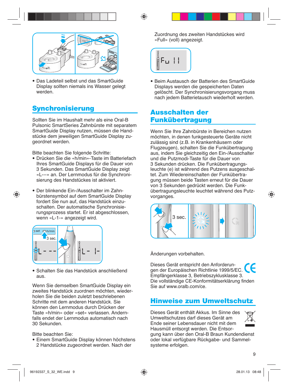 Synchronisierung, Ausschalten der funkübertragung, Hinweise zum umweltschutz | Oral-B Pulsonic Smart Series S 32.533.5 User Manual | Page 9 / 80