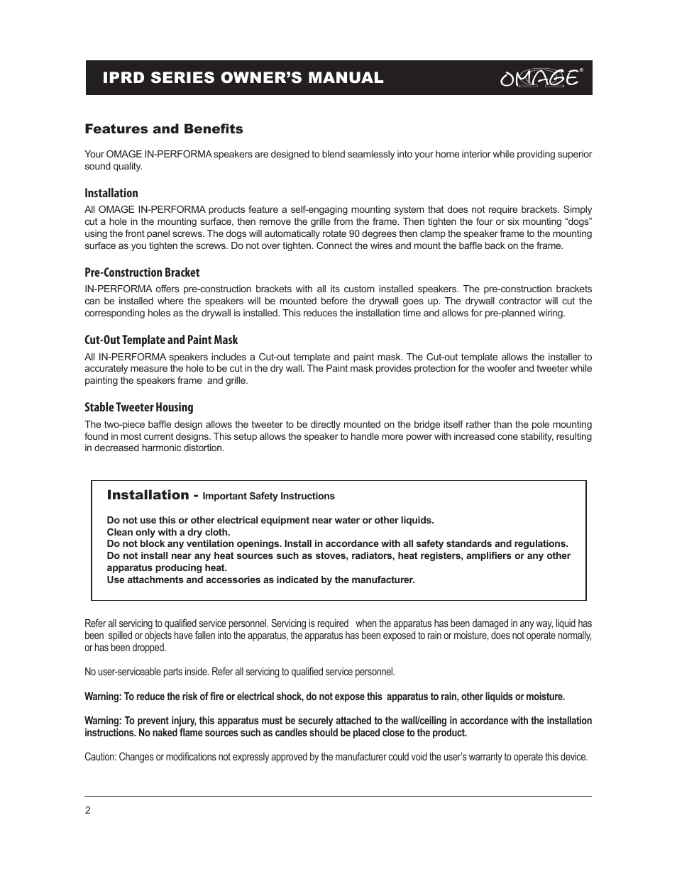 Iprd series owner’s manual | Omage IPRD8 User Manual | Page 2 / 12