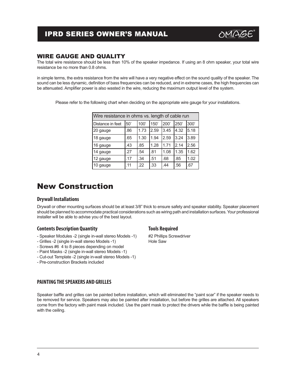 New construction, Iprd series owner’s manual | Omage IPRD8 User Manual | Page 4 / 12