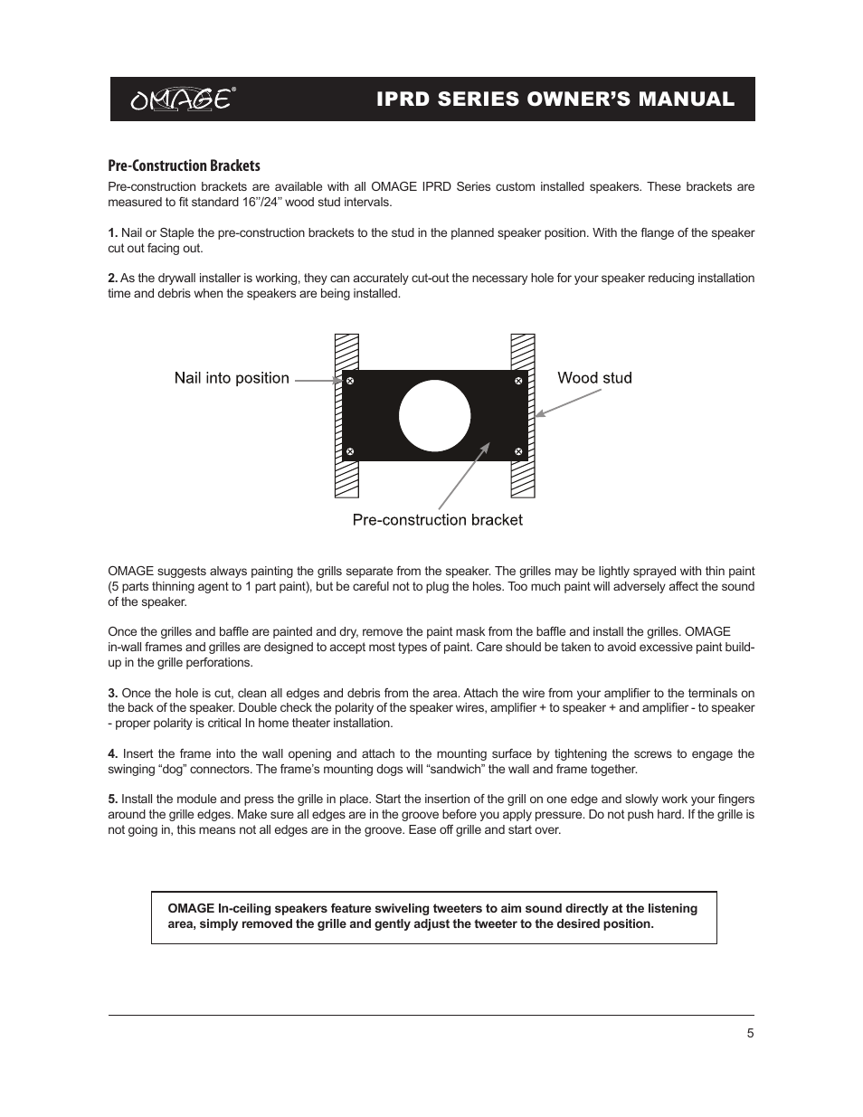 Iprd series owner’s manual, Pre-construction brackets | Omage IPRD8 User Manual | Page 5 / 12