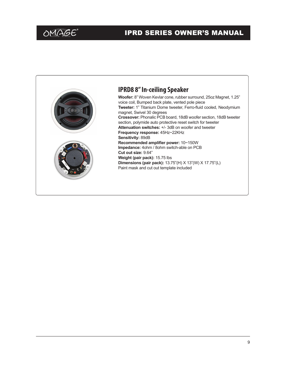 Iprd8 8” in-ceiling speaker, Iprd series owner’s manual | Omage IPRD8 User Manual | Page 9 / 12