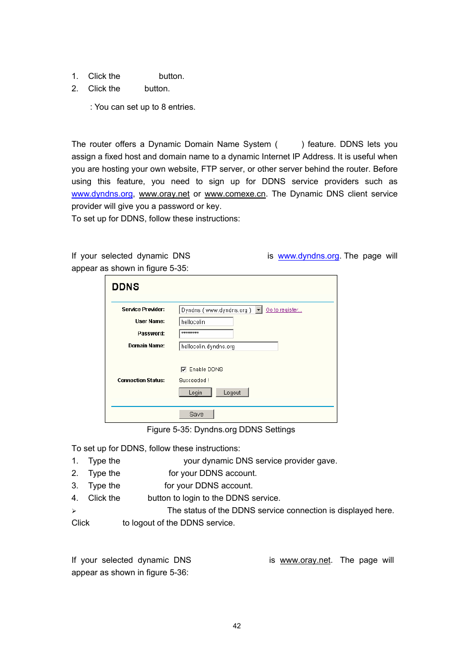 10 ddns, 1 dyndns.org ddns, 2 oray.net ddns | Olitec RW400G User Manual | Page 46 / 65