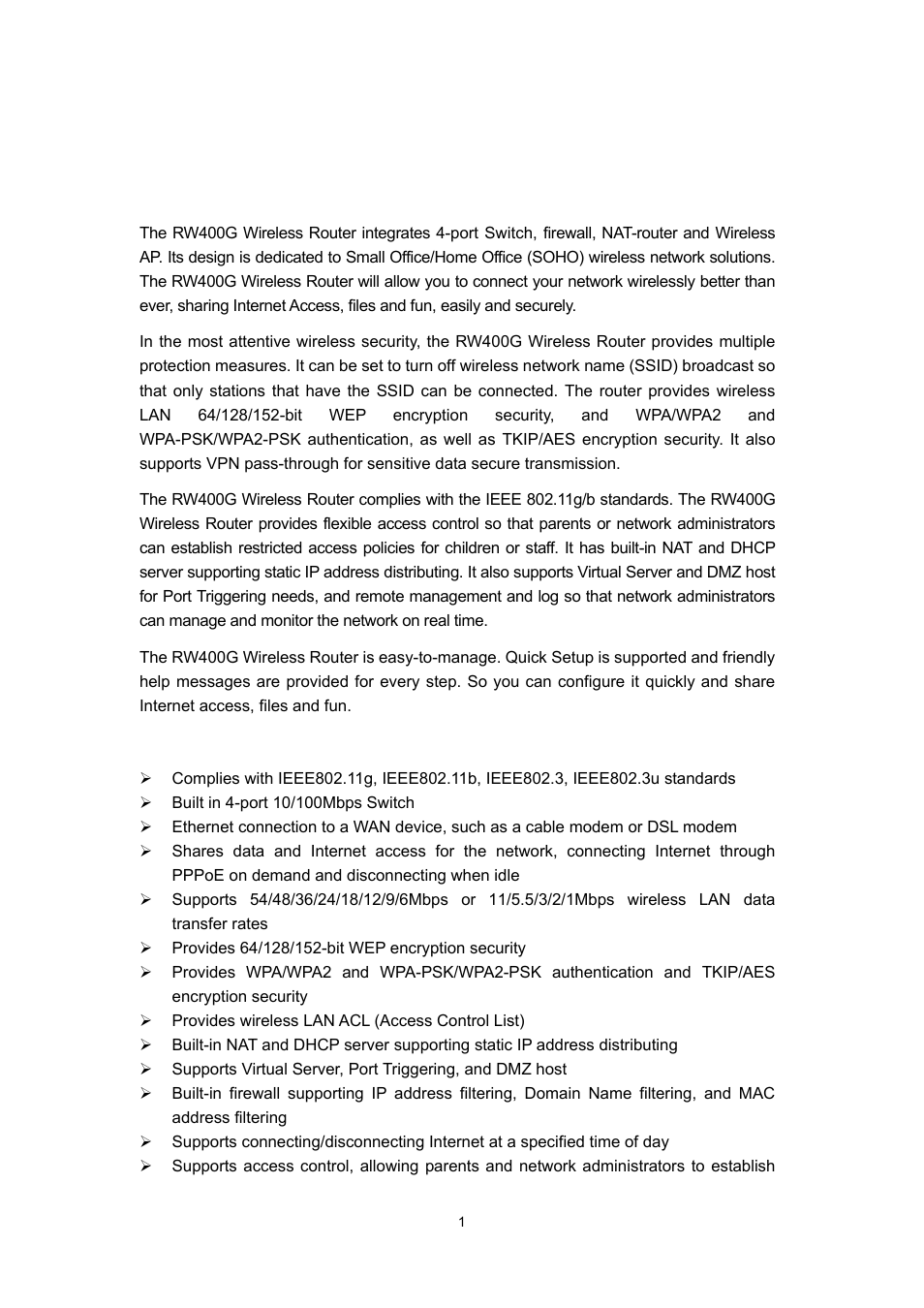 Chapter 2: introduction, 1 overview of the router, 2 features | Olitec RW400G User Manual | Page 5 / 65