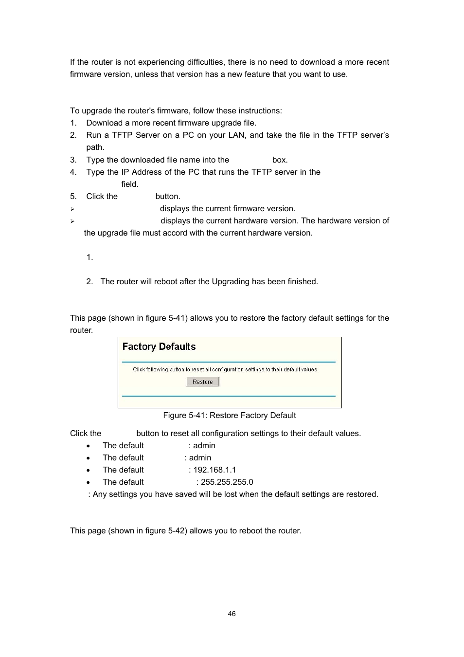 3 factory defaults, 4 reboot, Section | "rebooting the router | Olitec RW400G User Manual | Page 50 / 65