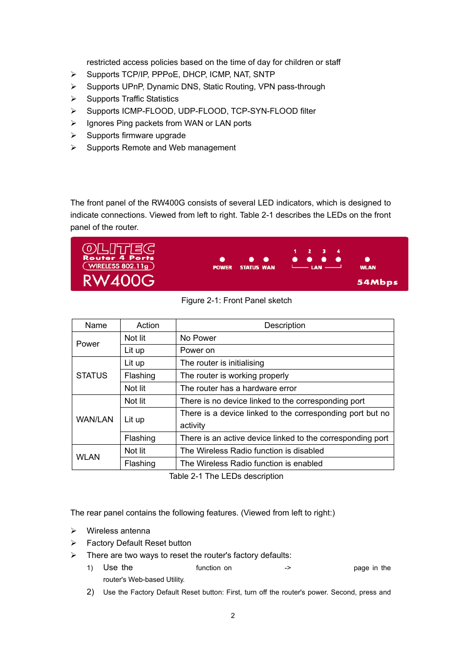 3 panel layout, 1 the front panel, 2 the rear panel | Olitec RW400G User Manual | Page 6 / 65