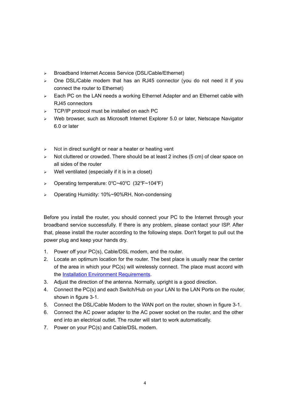 Chapter 3: connecting the router, 1 system requirements, 2 installation environment requirements | 3 connecting the router | Olitec RW400G User Manual | Page 8 / 65