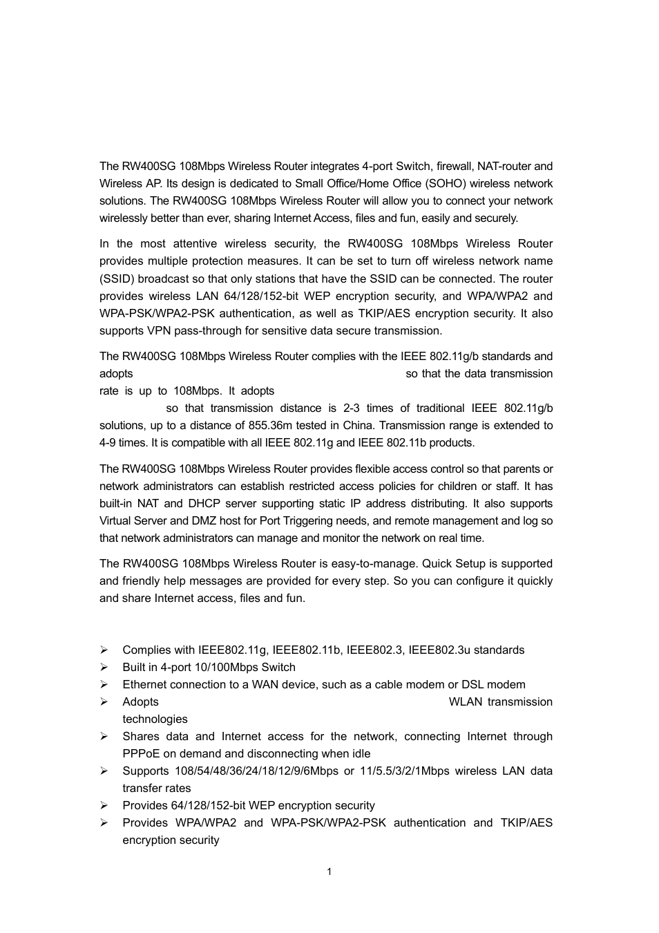 Chapter 2: introduction, 1 overview of the router, 2 features | Chapter 1: introduction | Olitec RW400SG User Manual | Page 5 / 65