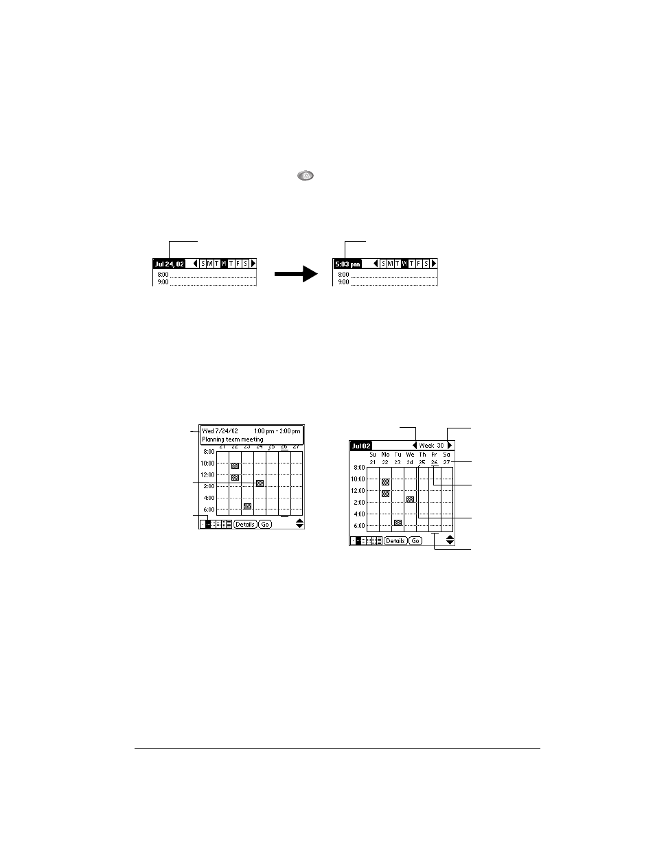 Changing the date book plus view, To display the current time, Working in week view | Tips for using week view | Over And Back 180 User Manual | Page 107 / 251