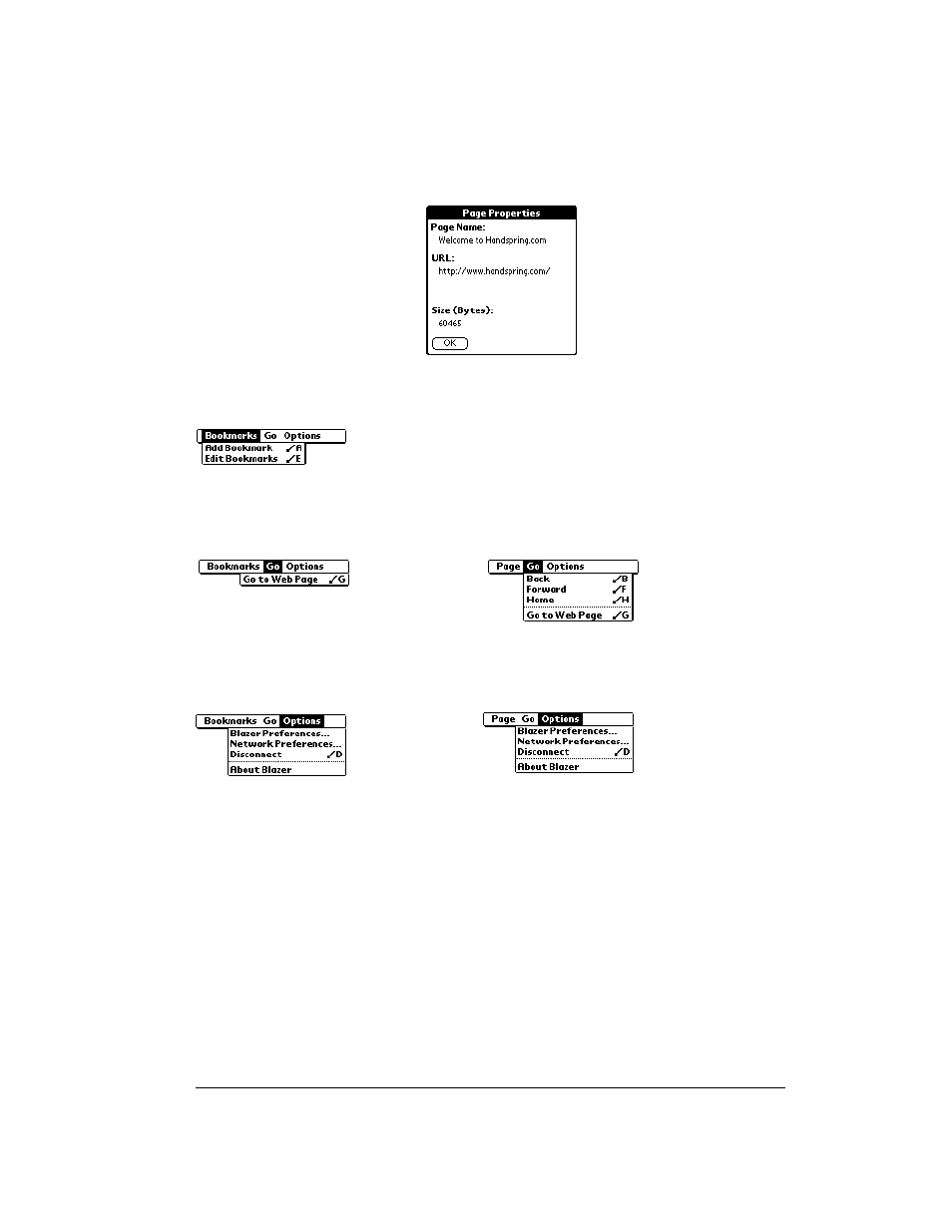 Bookmarks menu, Go menus, Options menu | Over And Back 180 User Manual | Page 127 / 251