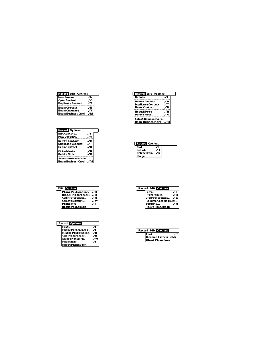 Phonebook menus, Record menus, Options menus | Over And Back 180 User Manual | Page 97 / 251