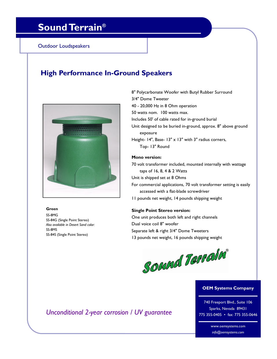 OEM Systems Sound Terrain SS-8MG User Manual | 1 page