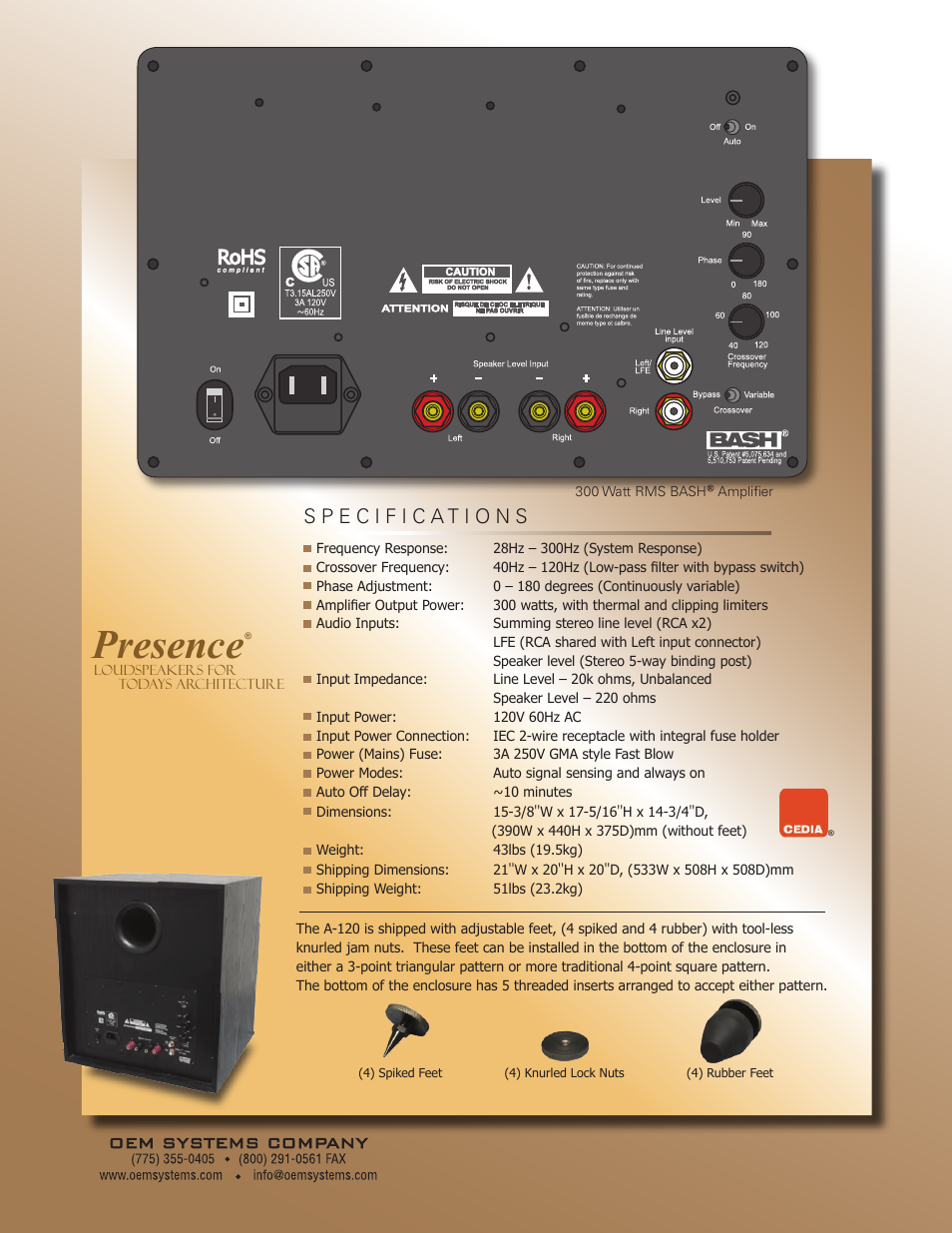 Presence | OEM Systems 300 Watt Powered Subwoofer A-120 User Manual | Page 2 / 2