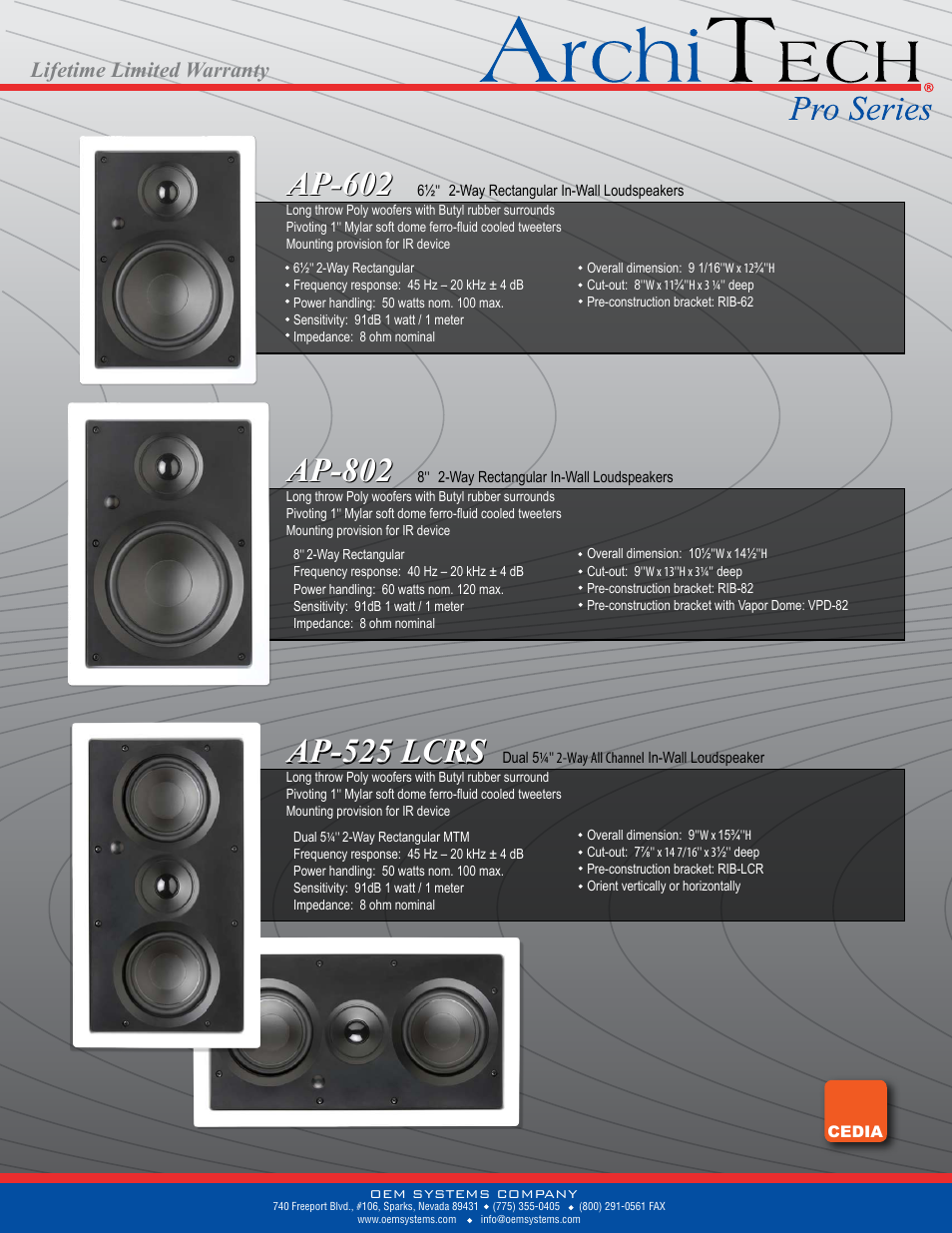 Ap-525 lcrs, Lifetime limited warranty | OEM Systems Archi Tech Pro Series User Manual | Page 2 / 2