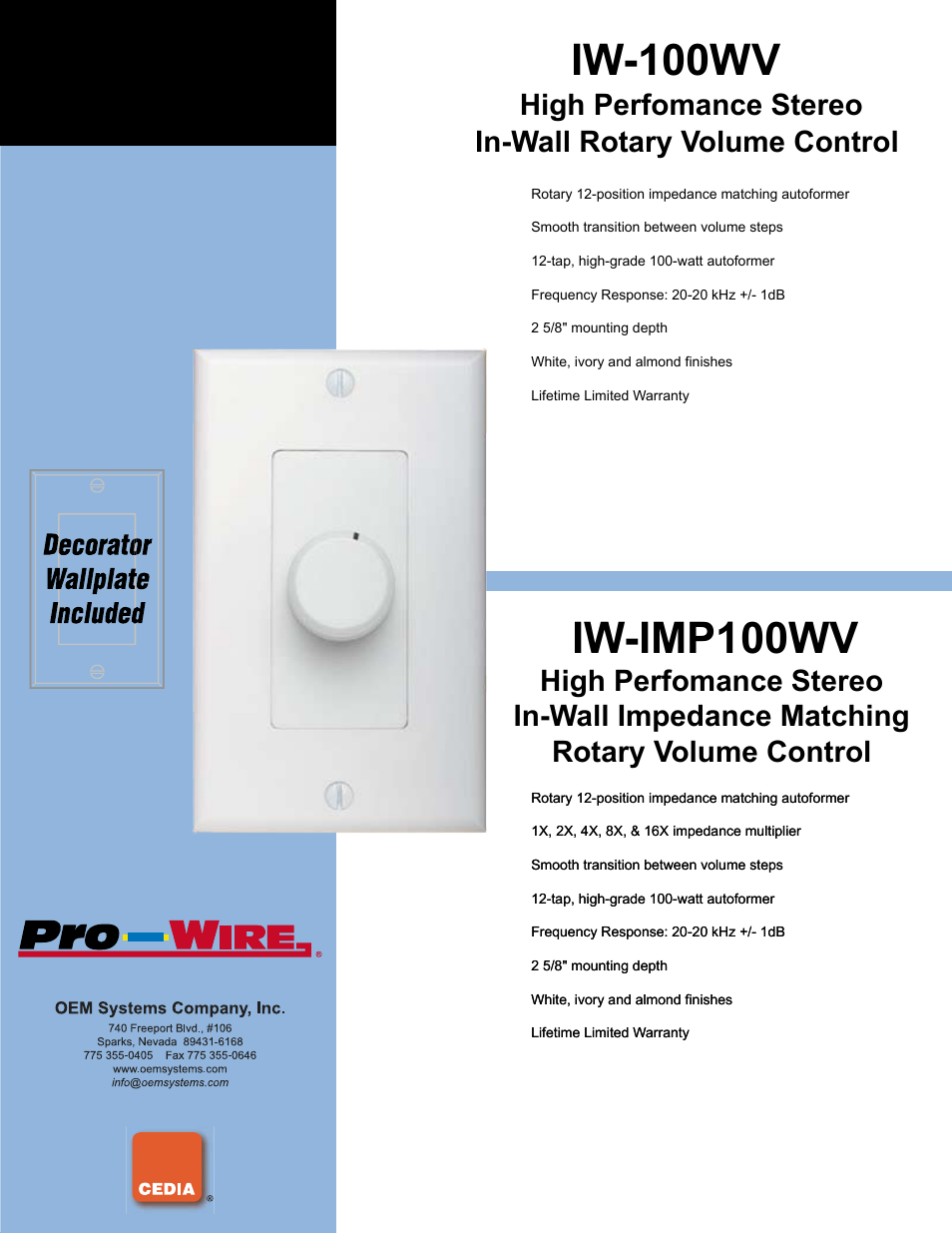 OEM Systems IW-100WV User Manual | 1 page