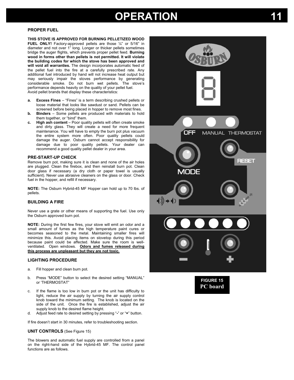 Operation 11, Pc board | Osburn Stoves by SB I HYBRID-45 MF User Manual | Page 11 / 27