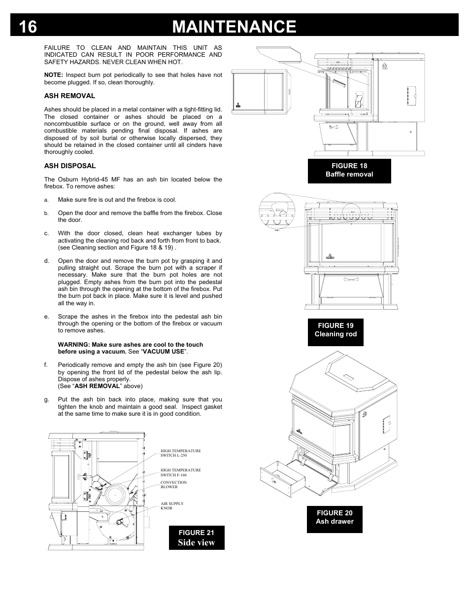 Maintenance 16, Side view | Osburn Stoves by SB I HYBRID-45 MF User Manual | Page 16 / 27