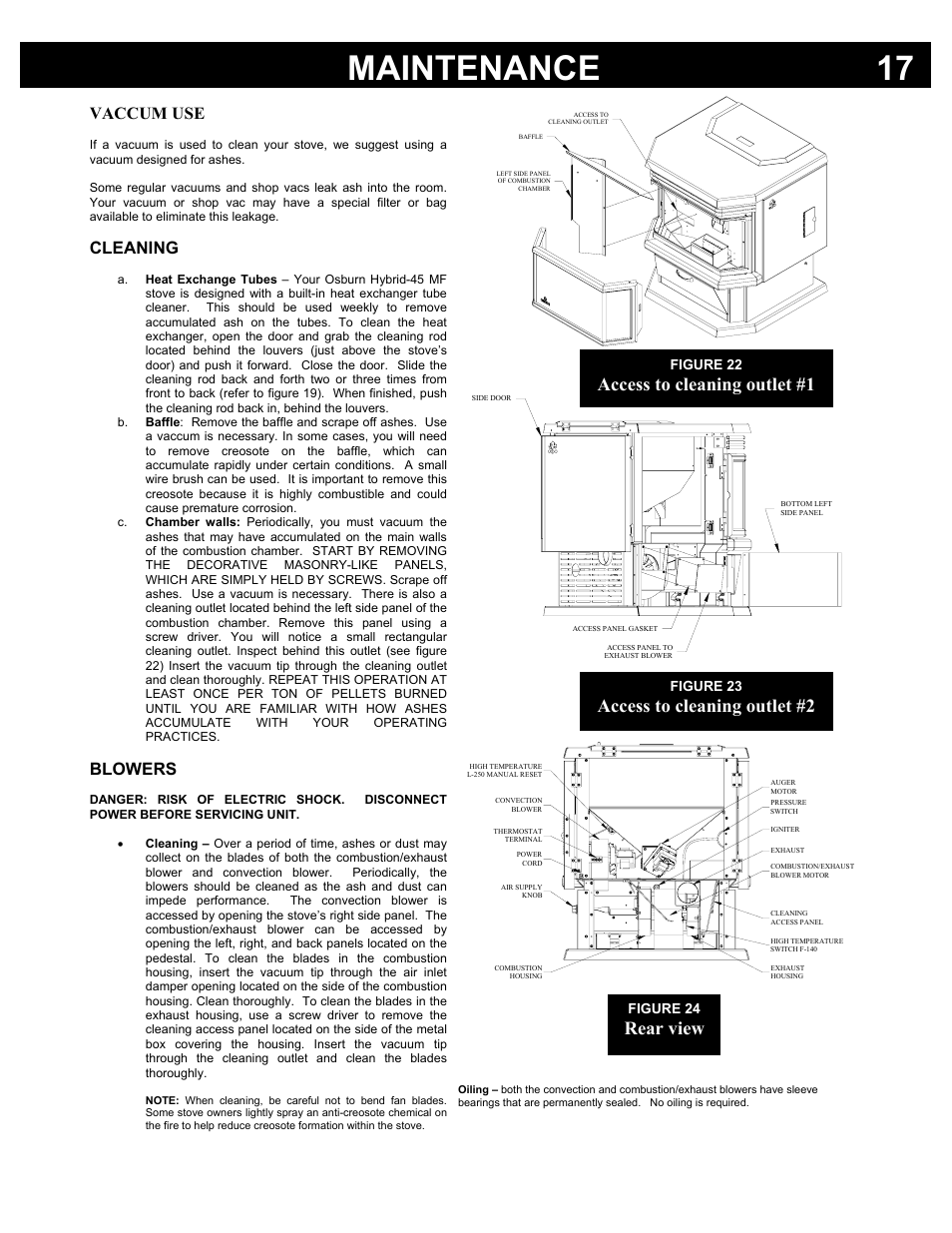 Maintenance 17, Access to cleaning outlet #1, Access to cleaning outlet #2 | Rear view, Vaccum use, Cleaning, Blowers | Osburn Stoves by SB I HYBRID-45 MF User Manual | Page 17 / 27