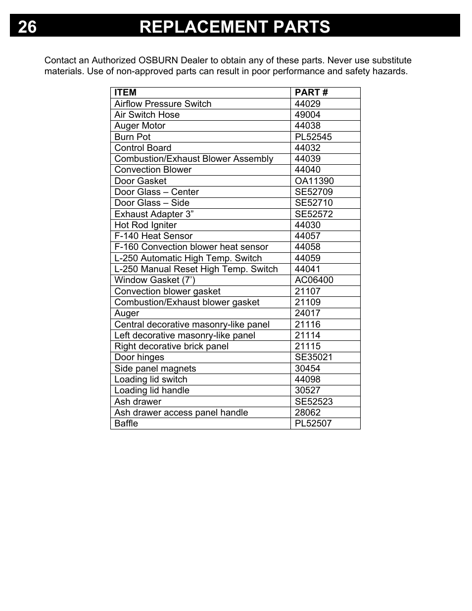 Replacement parts 26 | Osburn Stoves by SB I HYBRID-45 MF User Manual | Page 26 / 27