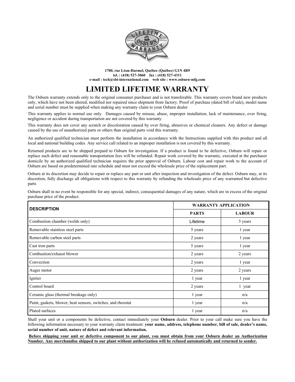 Limited lifetime warranty | Osburn Stoves by SB I HYBRID-45 MF User Manual | Page 27 / 27