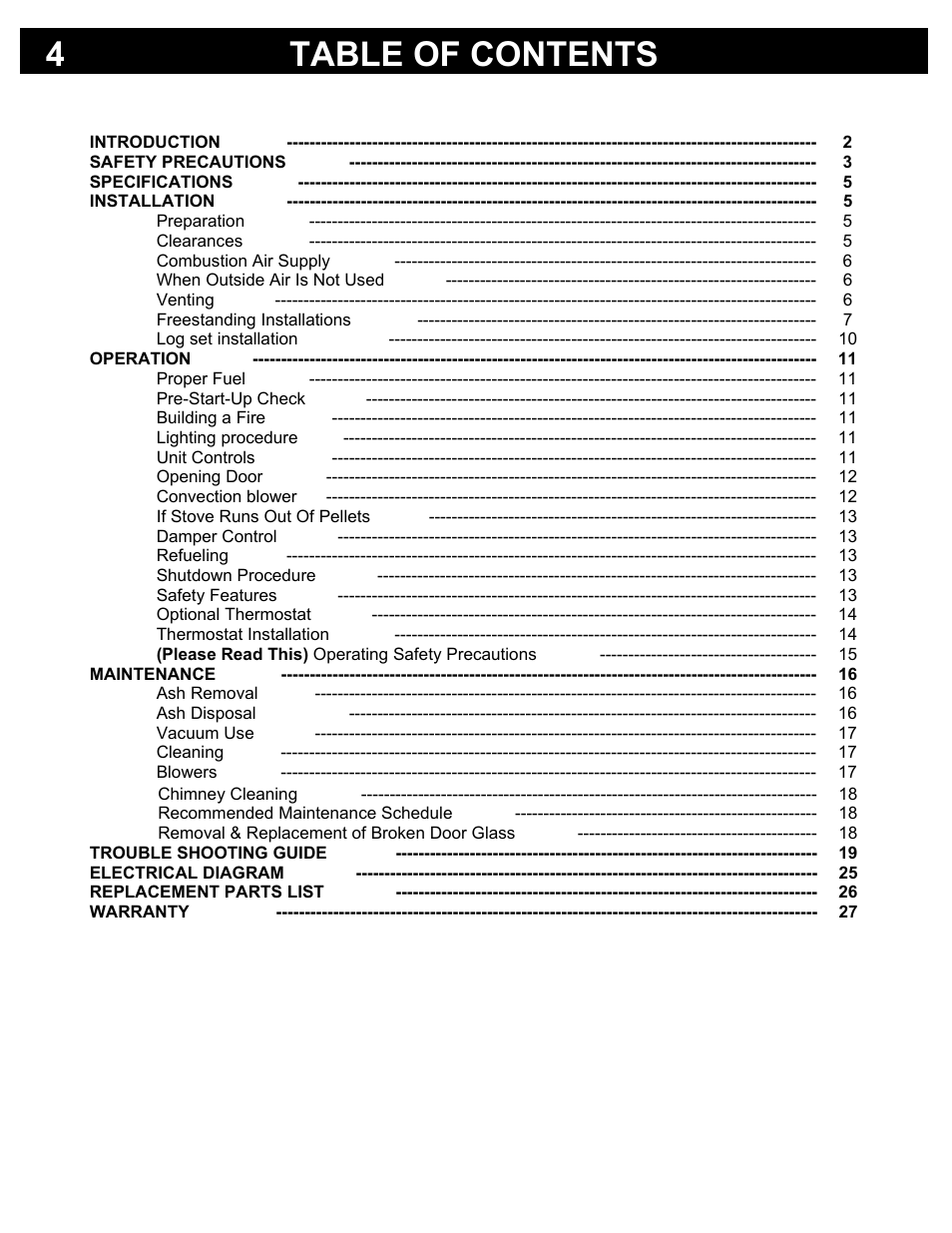 Table of contents 4 | Osburn Stoves by SB I HYBRID-45 MF User Manual | Page 4 / 27