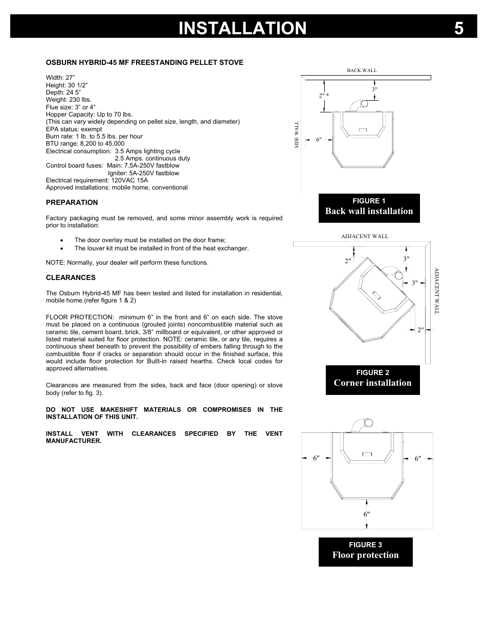 Installation 5, Back wall installation, Corner installation | Floor protection | Osburn Stoves by SB I HYBRID-45 MF User Manual | Page 5 / 27