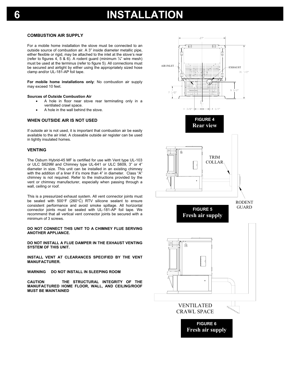 Installation 6, Rear view, Fresh air supply | Osburn Stoves by SB I HYBRID-45 MF User Manual | Page 6 / 27