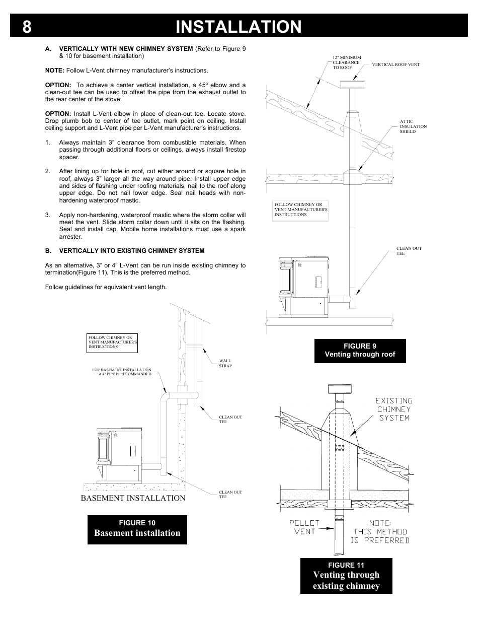 Installation 8, Venting through existing chimney, Basement installation | Osburn Stoves by SB I HYBRID-45 MF User Manual | Page 8 / 27