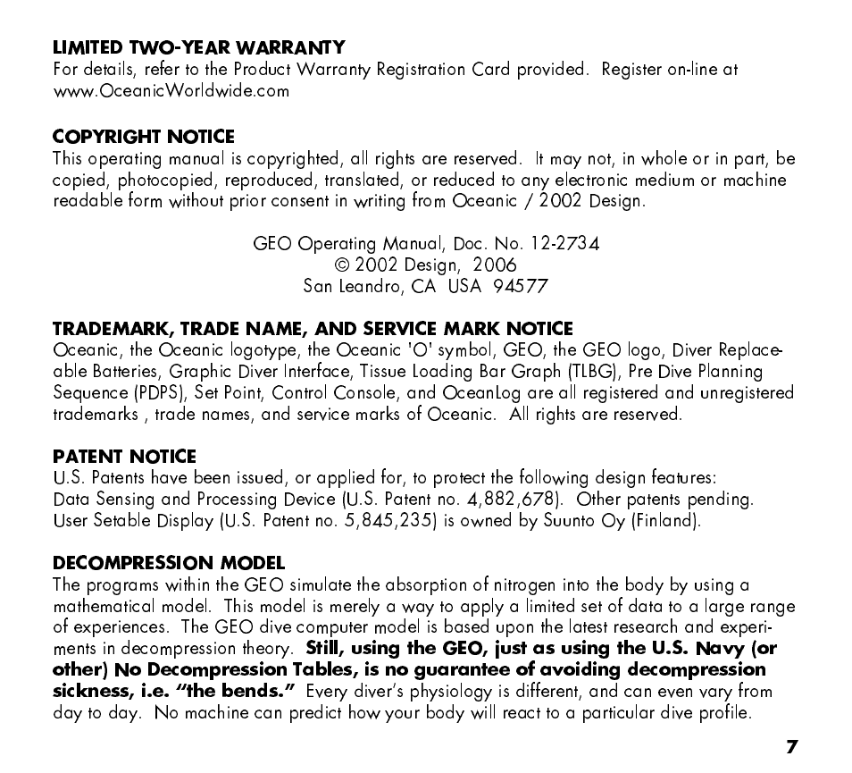 Oceanic Watch / Dive Computer GEO User Manual | Page 7 / 140