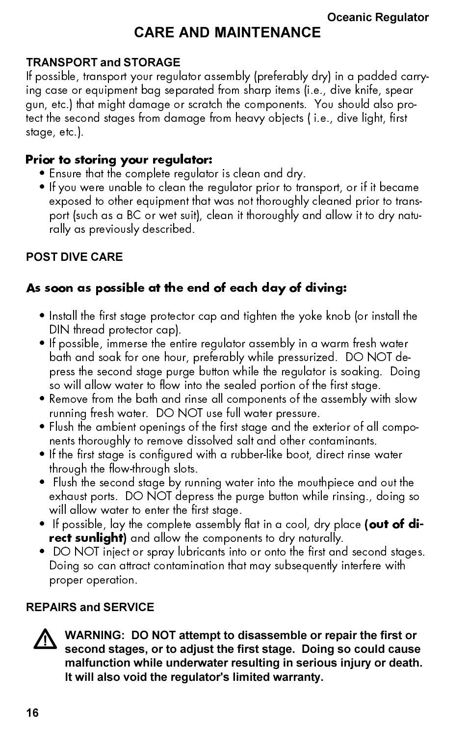 Care and maintenance | Oceanic Regulator Equipment User Manual | Page 16 / 20