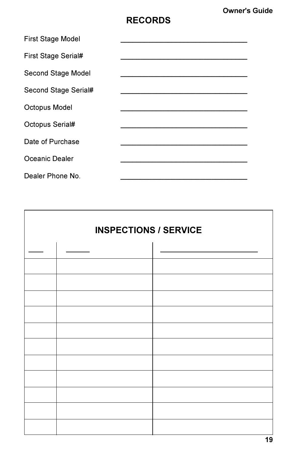 Inspections / service, Records | Oceanic Regulator Equipment User Manual | Page 19 / 20