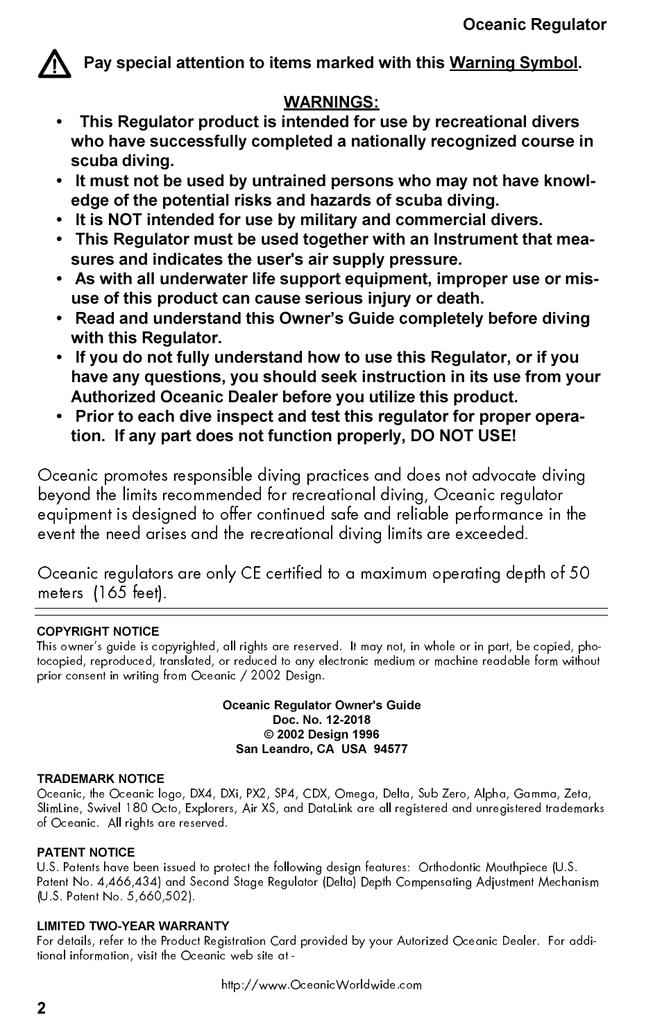 Oceanic Regulator Equipment User Manual | Page 2 / 20