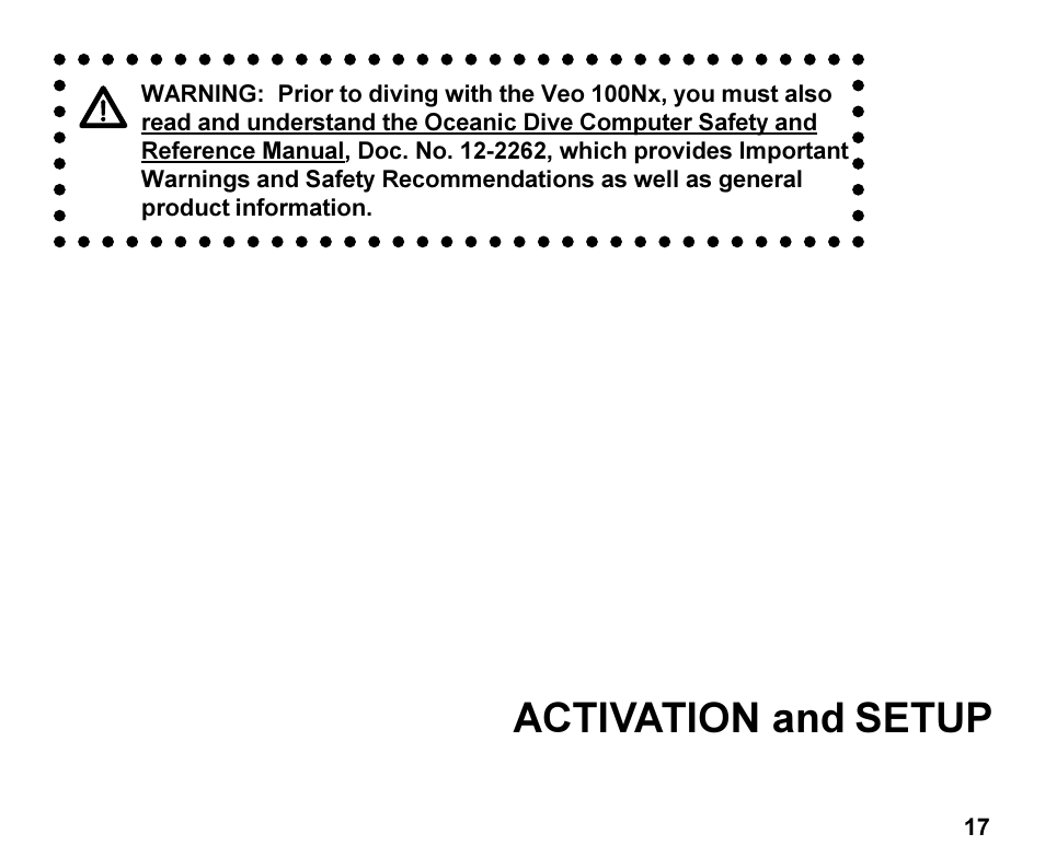 Activation and, Setup | Oceanic Personal Dive Computer Veo 100Nx User Manual | Page 17 / 72
