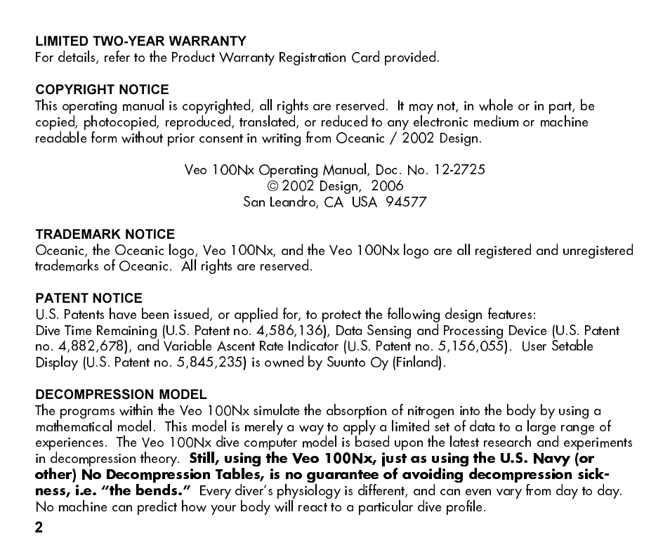 Oceanic Personal Dive Computer Veo 100Nx User Manual | Page 2 / 72