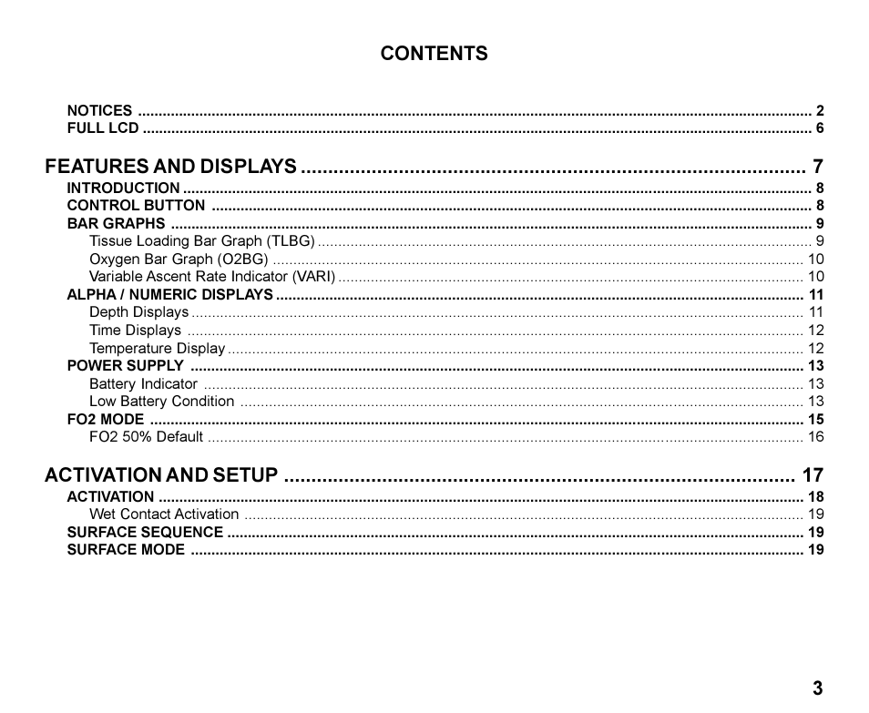 3contents, Features and displays, Activation and setup | Oceanic Personal Dive Computer Veo 100Nx User Manual | Page 3 / 72