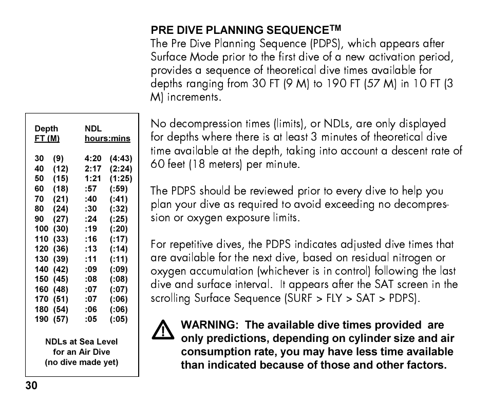 30 pre dive planning sequence | Oceanic Personal Dive Computer Veo 100Nx User Manual | Page 30 / 72