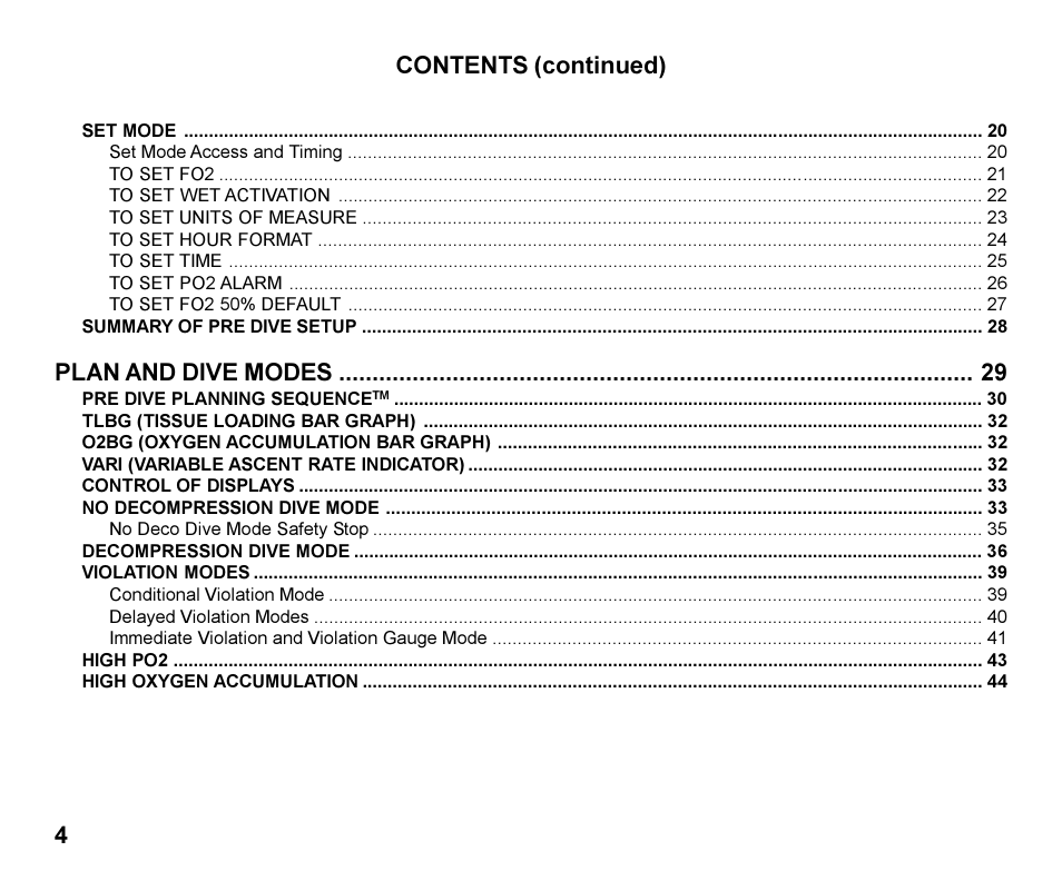 4contents (continued), Plan and dive modes | Oceanic Personal Dive Computer Veo 100Nx User Manual | Page 4 / 72