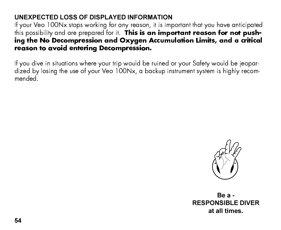 Be a - responsible diver at all times | Oceanic Personal Dive Computer Veo 100Nx User Manual | Page 54 / 72