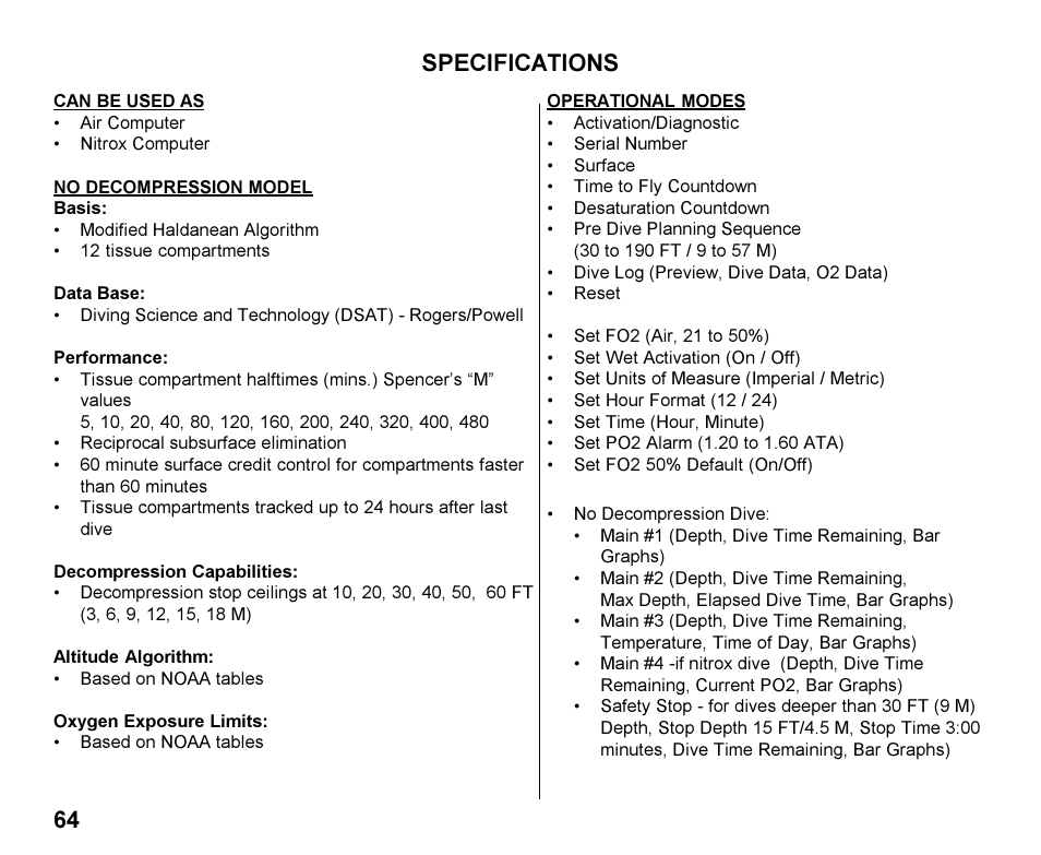 Specifications | Oceanic Personal Dive Computer Veo 100Nx User Manual | Page 64 / 72
