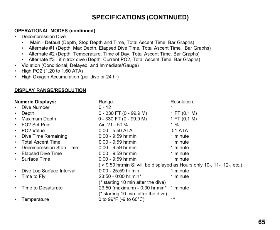 Specifications (continued) | Oceanic Personal Dive Computer Veo 100Nx User Manual | Page 65 / 72