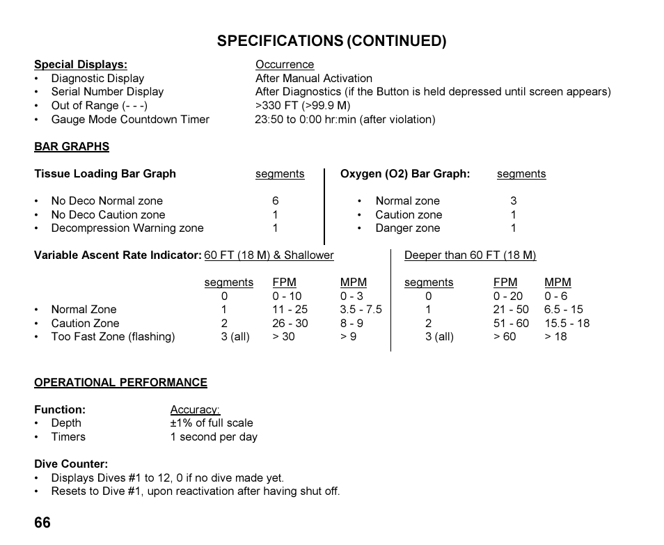 Specifications (continued) | Oceanic Personal Dive Computer Veo 100Nx User Manual | Page 66 / 72