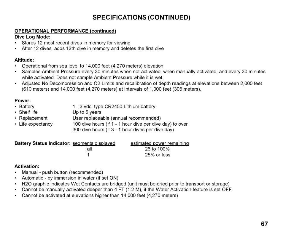 67 specifications (continued) | Oceanic Personal Dive Computer Veo 100Nx User Manual | Page 67 / 72